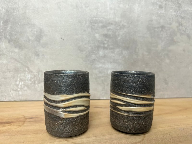 Wood fired black pottery corrugated cup pair - Other - Pottery Black