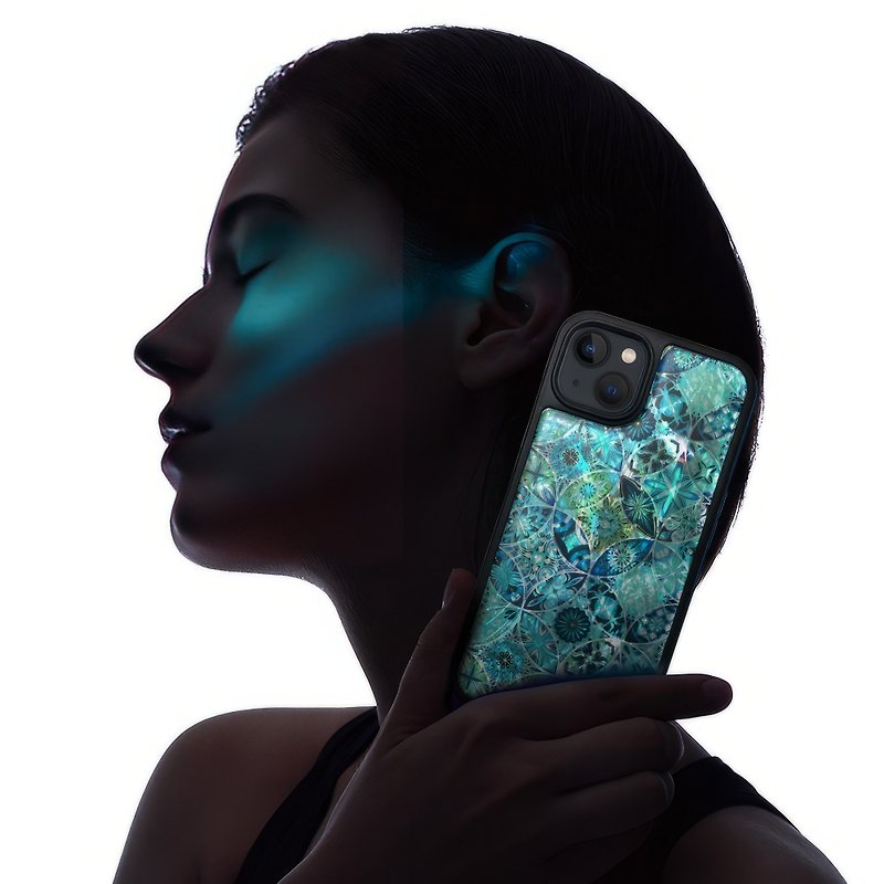 天然貝殼 iPhone 15 耐衝擊保護套 花窗玻璃風格 可客製名字 008 - 手機殼/手機套 - 貝殼 藍色