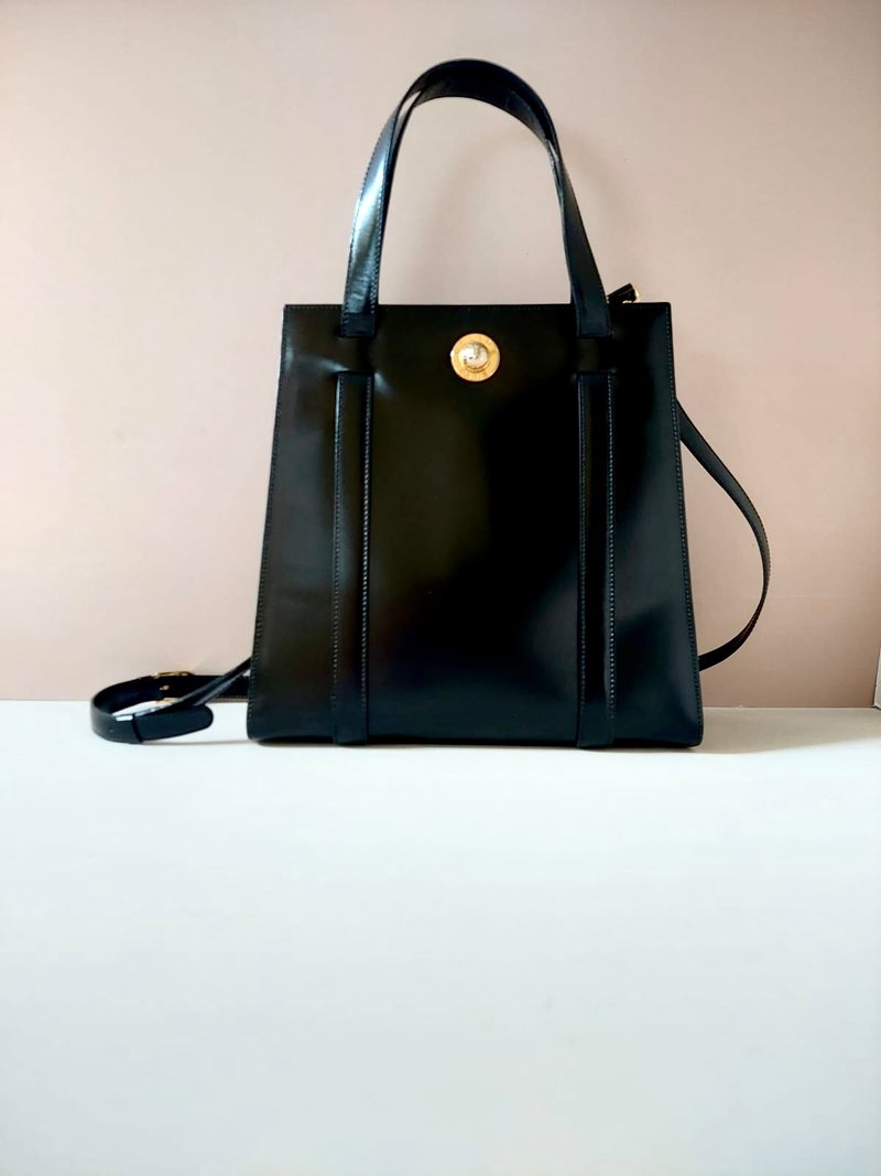 Rare second-hand Celine black gold planet leather tote bag side crossbody shoulder bag handbag - กระเป๋าแมสเซนเจอร์ - หนังแท้ สีดำ