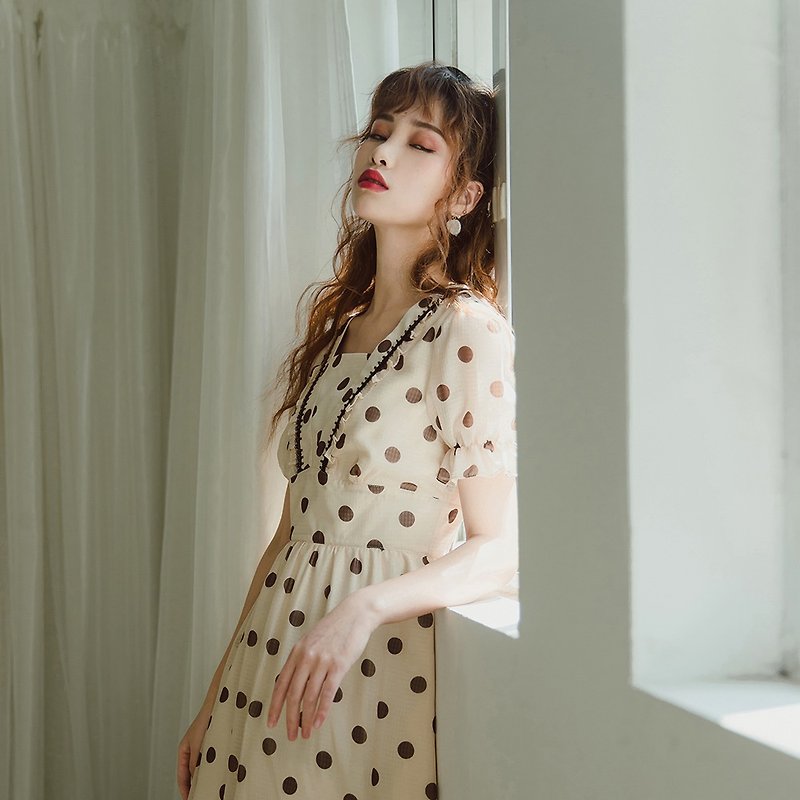 On June 18, the whole museum can enjoy 15% off 2020 summer French style lace slimming gentle dress polka dot dress - One Piece Dresses - Polyester Yellow