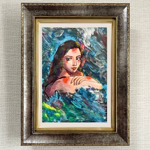 深海　アクリル画　原画 おしゃれなアクリル画 深海 美しい女性 B5サイズ アート