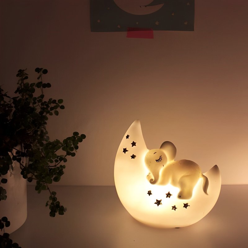 British cute elephant sleeping on the moon LED battery USB dual-purpose night light - โคมไฟ - พลาสติก สีเทา