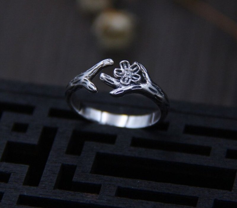 Real S925 Sterling Silver Ethnic Flower Finger Rings for Women Handmade Branch - แหวนทั่วไป - เงินแท้ สีเงิน