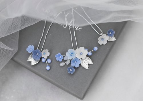 Kamael Shine Navy blue set of hair pins, Wedding floral hair piece Bridal rose gold headpiece