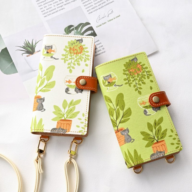 全機種対応 スマホケース 手帳型 縦下げパーツ 【 ヒア キティ キティ 植木鉢 】 スマホショルダー 落下防止パーツ 猫 A238I - 手機殼/手機套 - 真皮 綠色