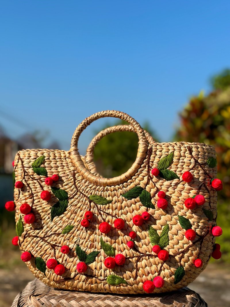 Hand-embroidered water hyacinth woven bag - Handbags & Totes - Other Materials Red