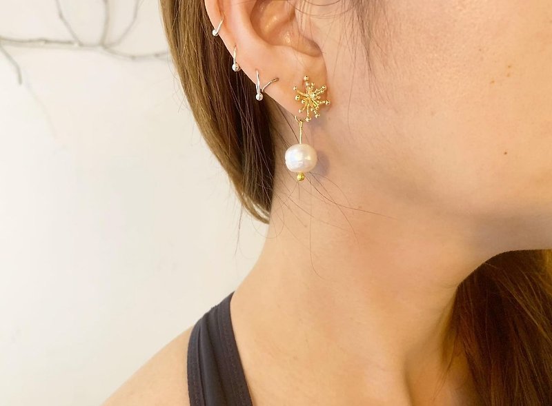 黃銅14k花蕊貼式耳環+後耳塞垂墜珍珠_可免費修改夾式耳環 - 耳環/耳夾 - 銅/黃銅 白色