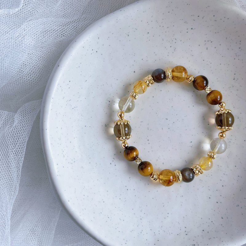 秋色焙茶丨黃水晶+黃虎眼丨偏財旺運 勇氣抗壓丨客製化水晶手鍊 - 手鍊/手鐲 - 水晶 黃色