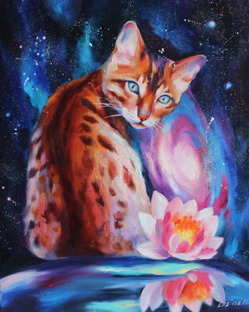 Bengal Cat Oil Painting Space Wall Art Galaxy Painting on Canvas Colorful Animal - Wall Décor - Other Materials Blue