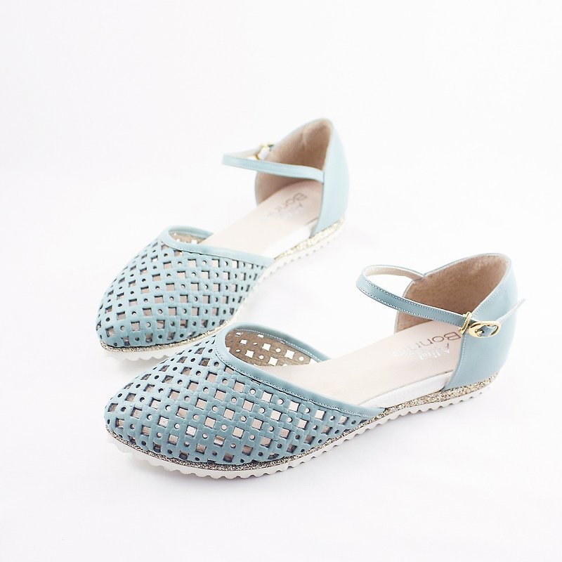 Parent-child shoes Mommy style good breathable hug empty toe leather sandals-sky blue - รองเท้ารัดส้น - หนังแท้ 