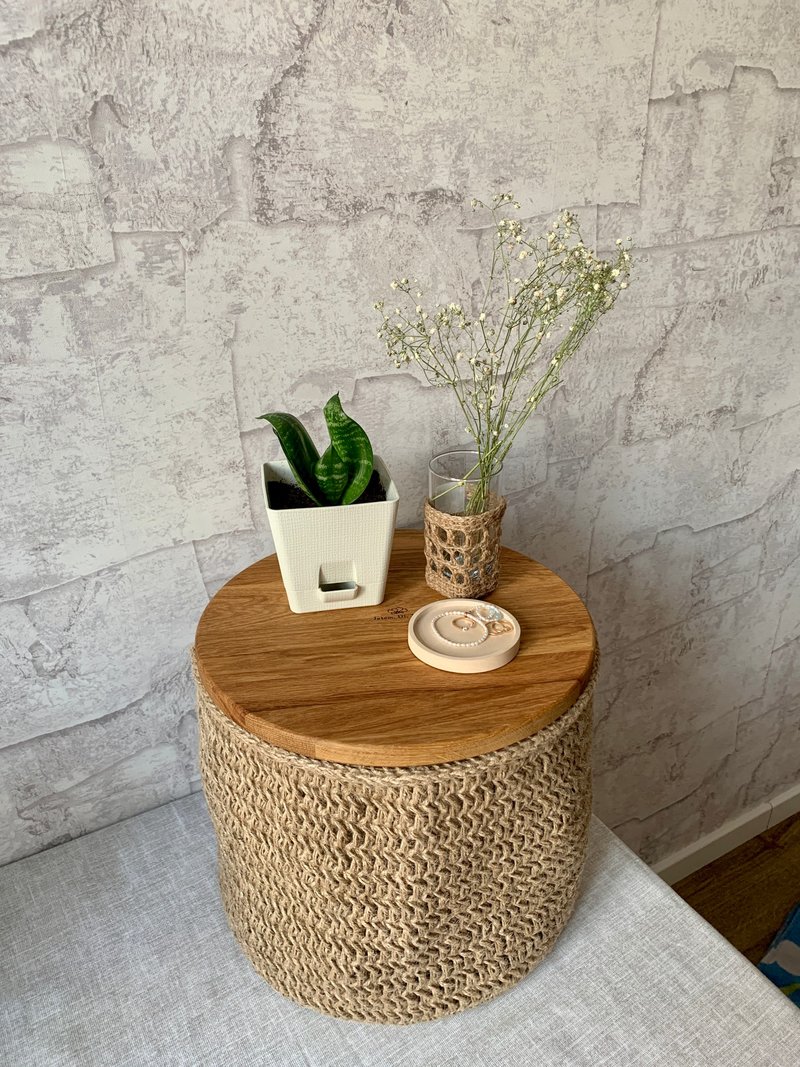 Big Crochet woven Nordic style basket with oak lid on a metal frame - Shelves & Baskets - Cotton & Hemp Khaki