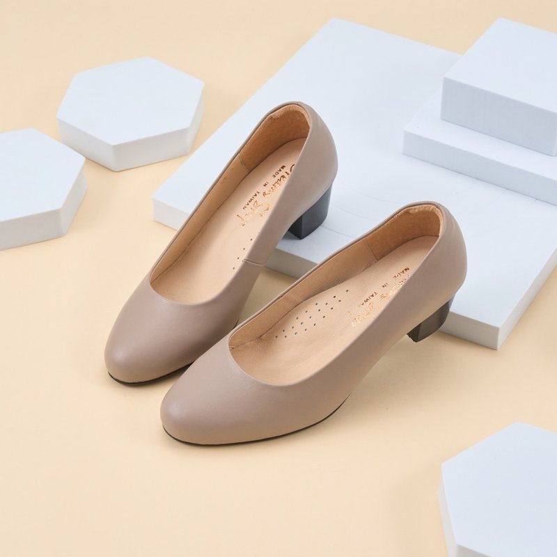 Arch Support_Genuine leather plain round toe thick heel shoes taro powder - รองเท้าส้นสูง - หนังแท้ สึชมพู