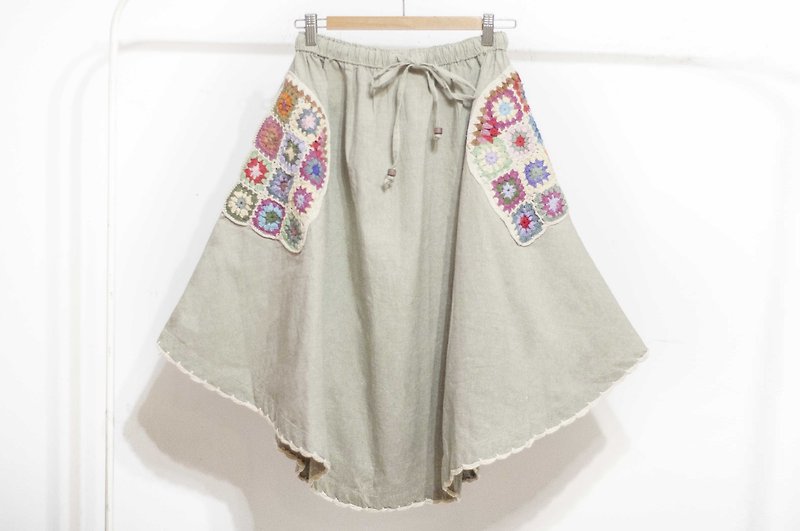 Crochet knit dress pocket / national wind skirt / flower skirt cotton Linen/ natural vegetable dyes skirt- flowers wind - Skirts - Cotton & Hemp Multicolor