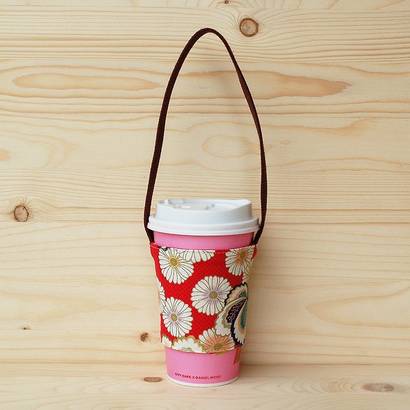 Japanese style maru chrysanthemum beverage bag/cup holder - ถุงใส่กระติกนำ้ - ผ้าฝ้าย/ผ้าลินิน สีแดง