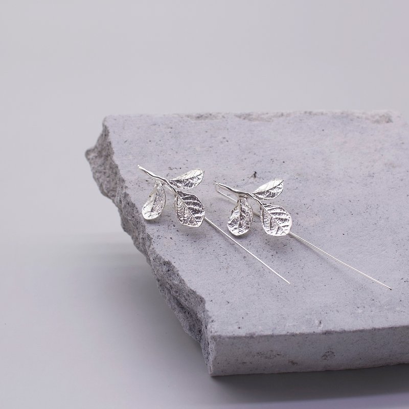 Sterling silver red flower loropetalum leaf earrings - Earrings & Clip-ons - Sterling Silver Silver