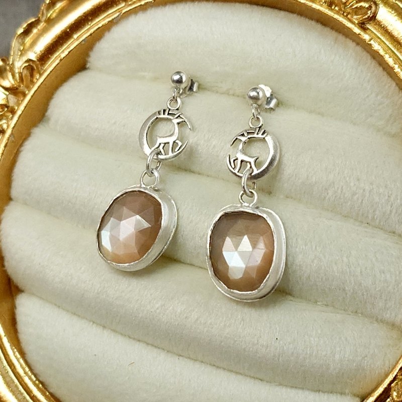 耳環 月下鹿 天然 橙色 美麗光暈 月光石 玫瑰切 925銀 寶石 飾品 - 耳環/耳夾/耳骨夾 - 寶石 