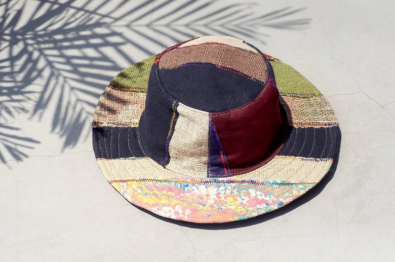 民族ステッチ手織りコットンキャップ/帽子/バイザー/帽子 - 水の色、手織り綿のパッチワーク（リミット1） - 帽子 - コットン・麻 多色
