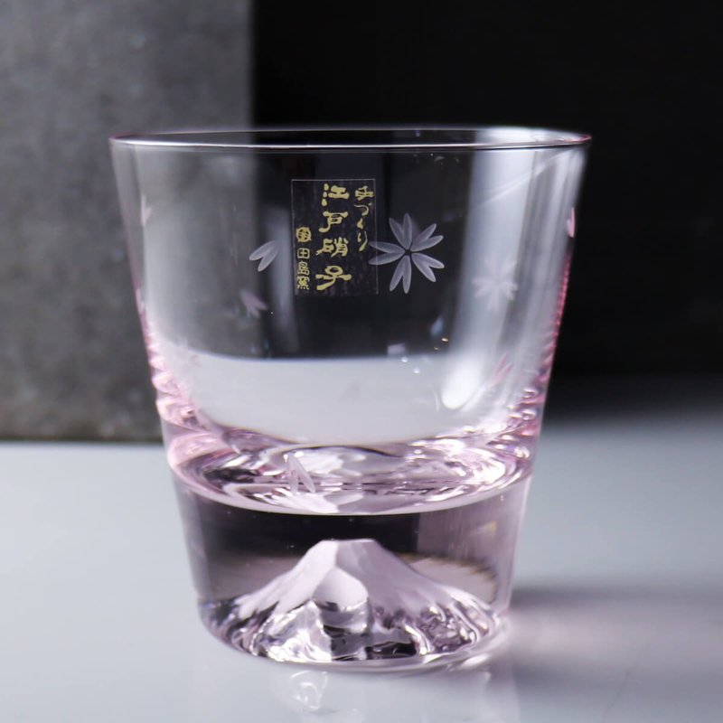 [Japan Edo Glass X MSA hand-carved] Pink cherry blossom cut sub Mt. Fuji cup custom lettering - Bar Glasses & Drinkware - Glass Pink