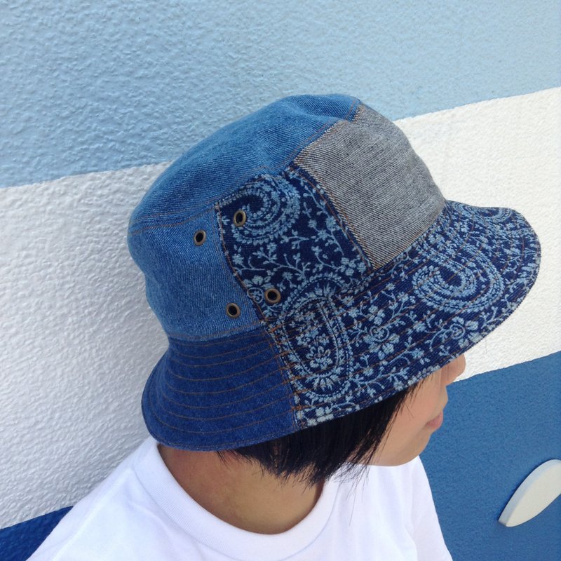 Denim Patchwork Hat 牛仔拼布 丹寧 漁夫帽 帽子 拼布 男女皆宜 - 帽子 - 棉．麻 藍色