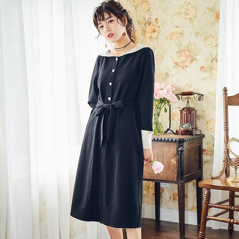 [Clearance full reduction] women's autumn wear hit color retro lapel dress YGC9171 - One Piece Dresses - Polyester Black