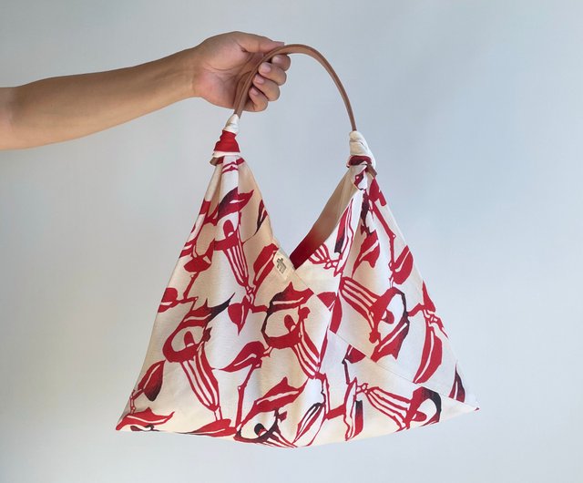 Unique | AZUMA bag with lining, KIMONO Remake, red flower on white