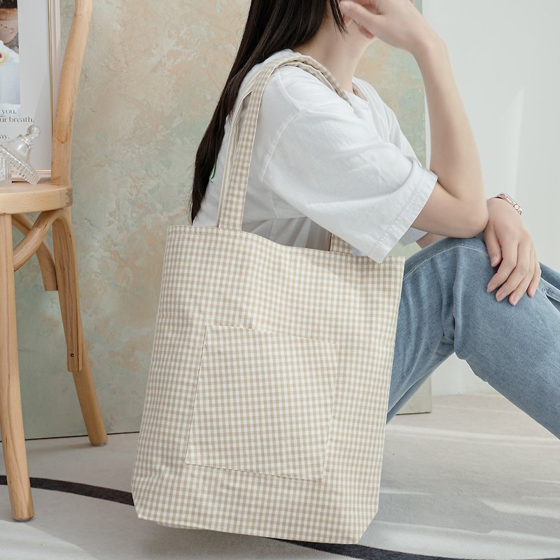 Basic Cotton Eco Bag: Check & Stripe- Beige - Handbags & Totes - Cotton & Hemp White