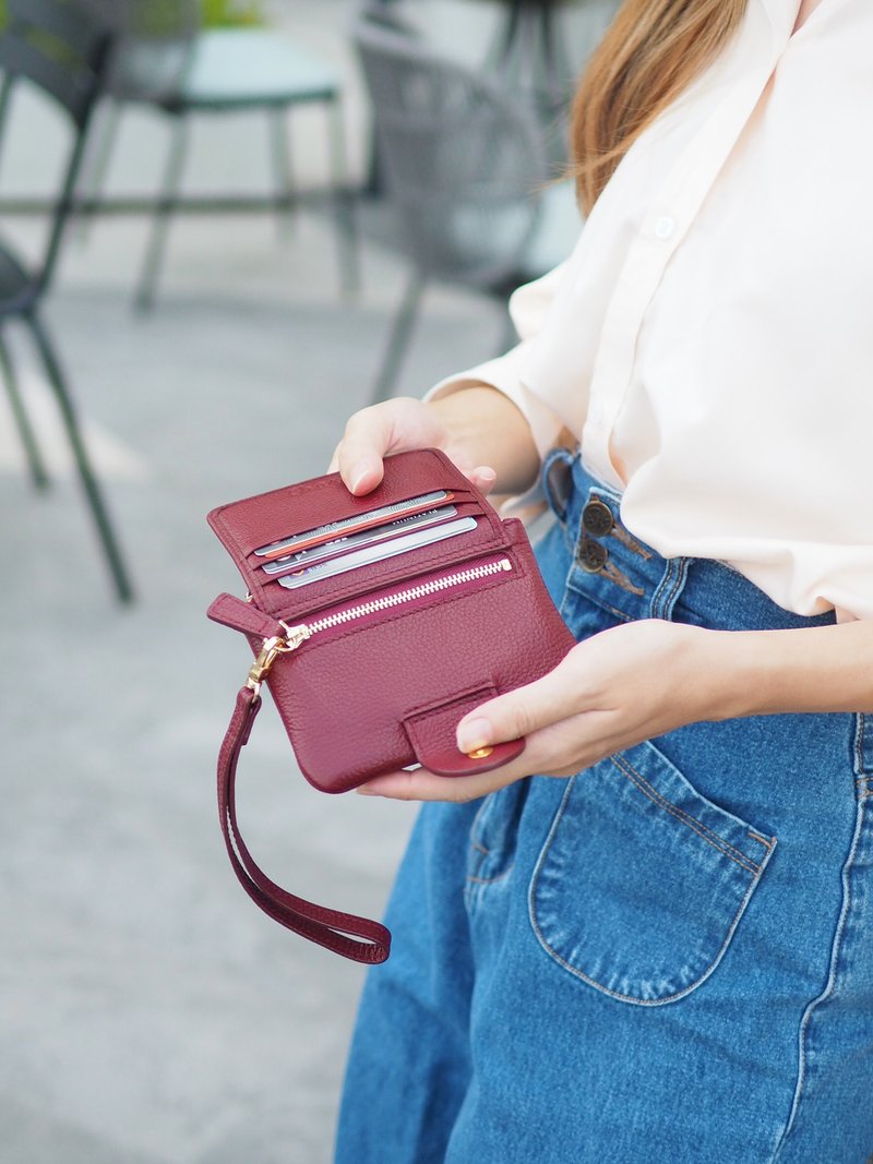 Mary (Burgundy) : Mini wallet, short wallet, cow leather, Dark red, Zip pouch - 皮夾/長短夾/錢包 - 真皮 紅色