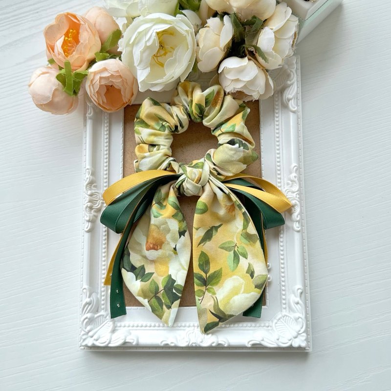 棉布長尾蝴蝶結髮圈大腸圈髮飾-黃色系花朵 - 髮夾/髮圈 - 其他材質 橘色