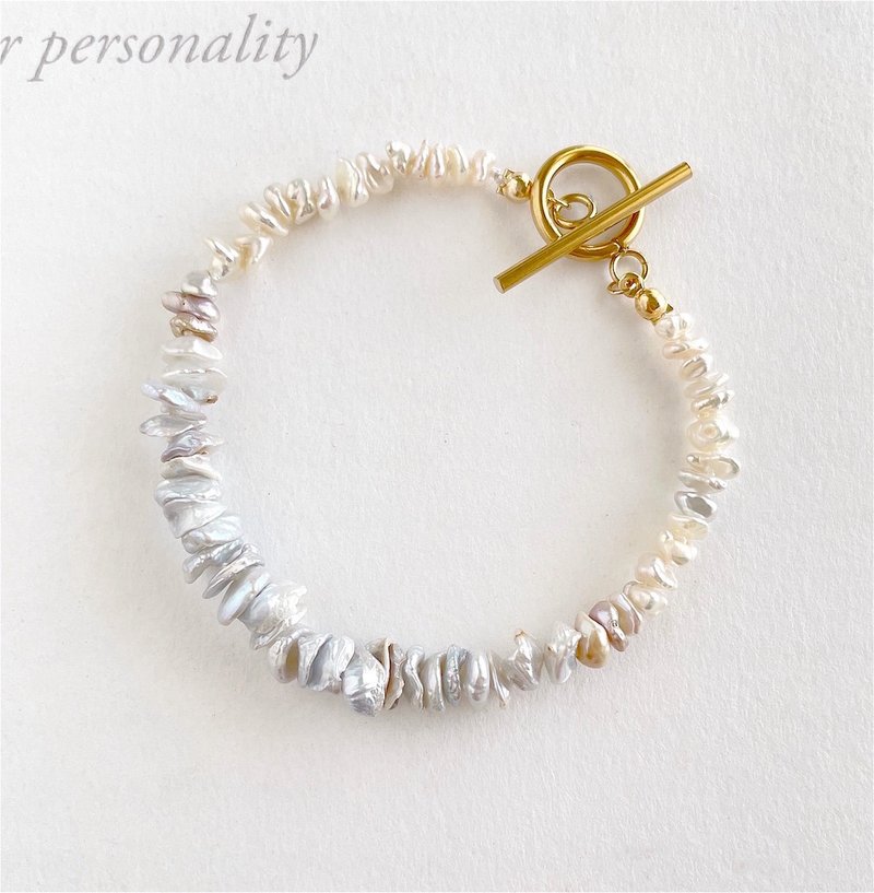 淡水珍珠 素面珍珠 雪花銀 雙色 手鍊 - 手鍊/手環 - 珍珠 銀色