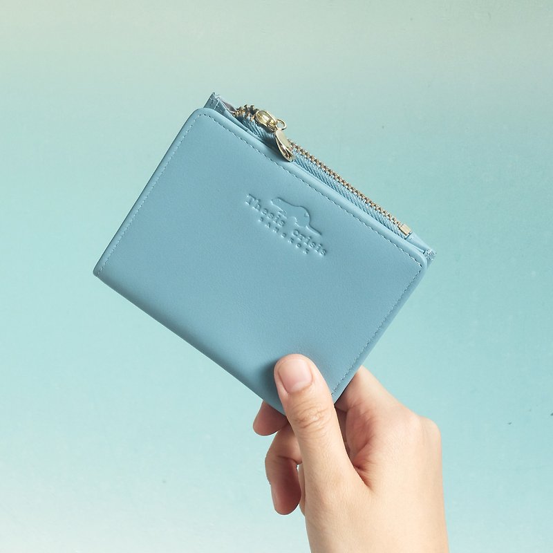 SOLD OUT-(LIMITED) PEONY - SMALL LEATHER SHORT WALLET WITH COIN PURSE- PALE BLUE - 長短皮夾/錢包 - 真皮 藍色