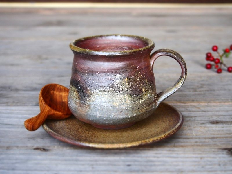 Set of Bizen coffee cup and saucer (medium) c 6 - 0 22 - แก้วมัค/แก้วกาแฟ - ดินเผา สีนำ้ตาล