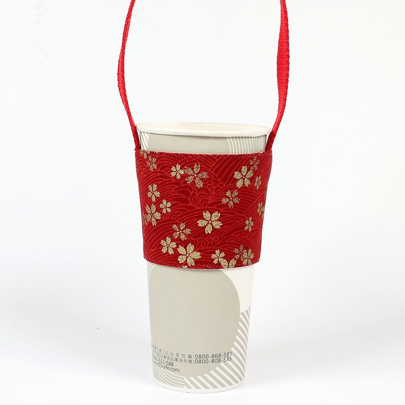 Beverage Cup Holder Eco-friendly Cup Holder Bag-Cherry Blossom (Red) - ถุงใส่กระติกนำ้ - ผ้าฝ้าย/ผ้าลินิน สีแดง