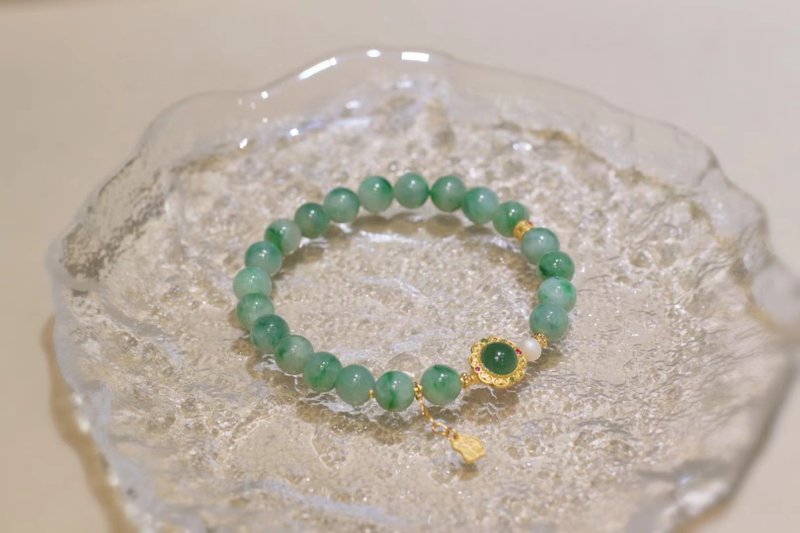 Natural A-grade jadeite floating flower bracelet with ancient Silver inlaid blue water accessories peace and joy pendant - สร้อยข้อมือ - หยก 