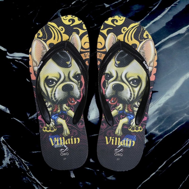 男生法鬥狗狗夾腳拖鞋 軟Q止滑情侶人字拖鞋 黑色 -Villain Dog- - 拖鞋 - 橡膠 多色