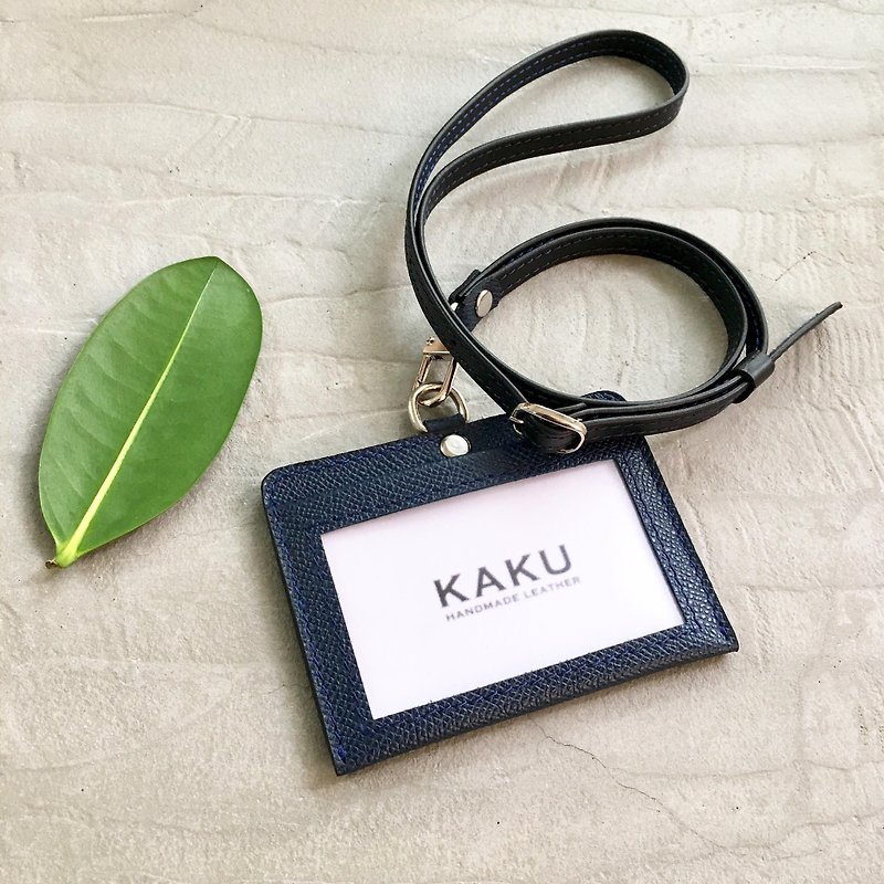 KAKU皮革設計 客製化識別證夾 證件夾 深藍色 - 證件套/卡套 - 真皮 藍色