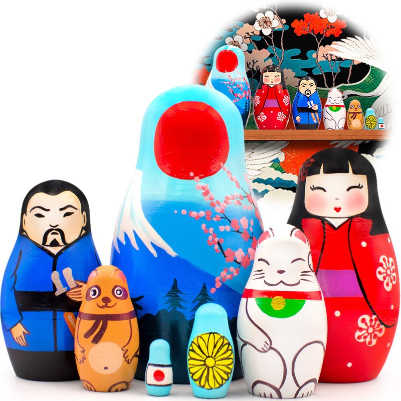 Nesting Dolls Set of 7 pcs - Matryoshka with Japanese Decorations - Symbols of J - 寶寶/兒童玩具/玩偶 - 木頭 多色