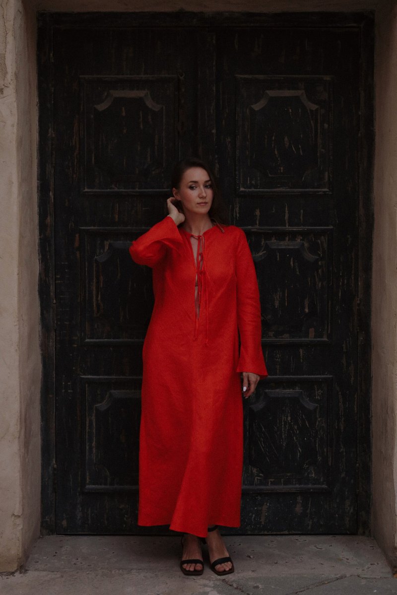 Elegance in Red / The Romantic Linen Tunic Dress - A Perfect Summer Gift for Her - ชุดเดรส - ลินิน สีแดง