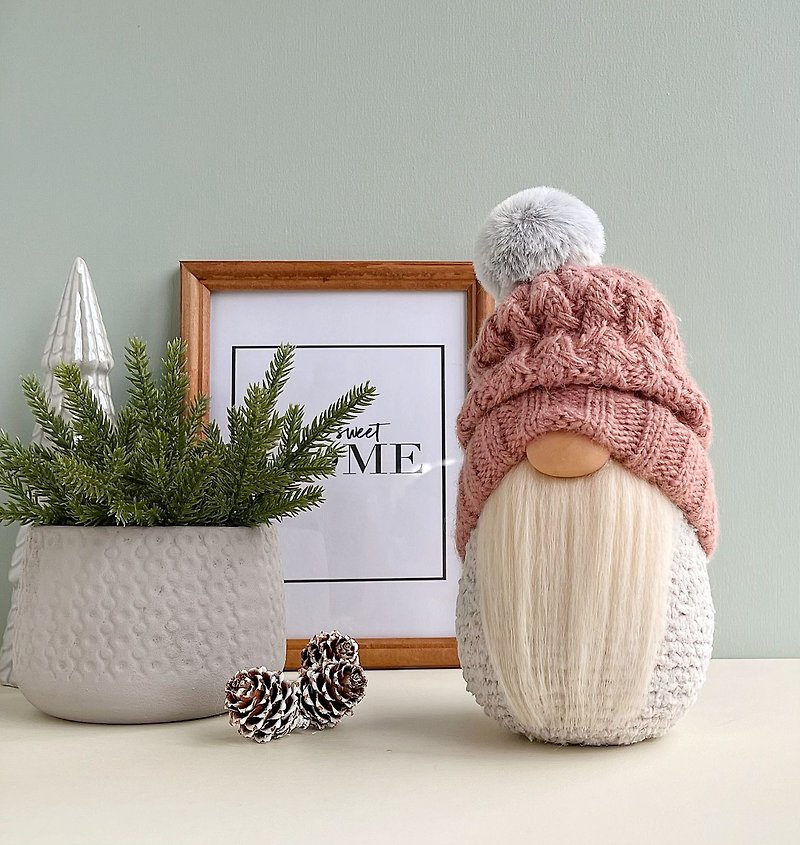 Winter home decor,  Scandinavian gnome with hat, Hygge decor - Stuffed Dolls & Figurines - Wool Pink