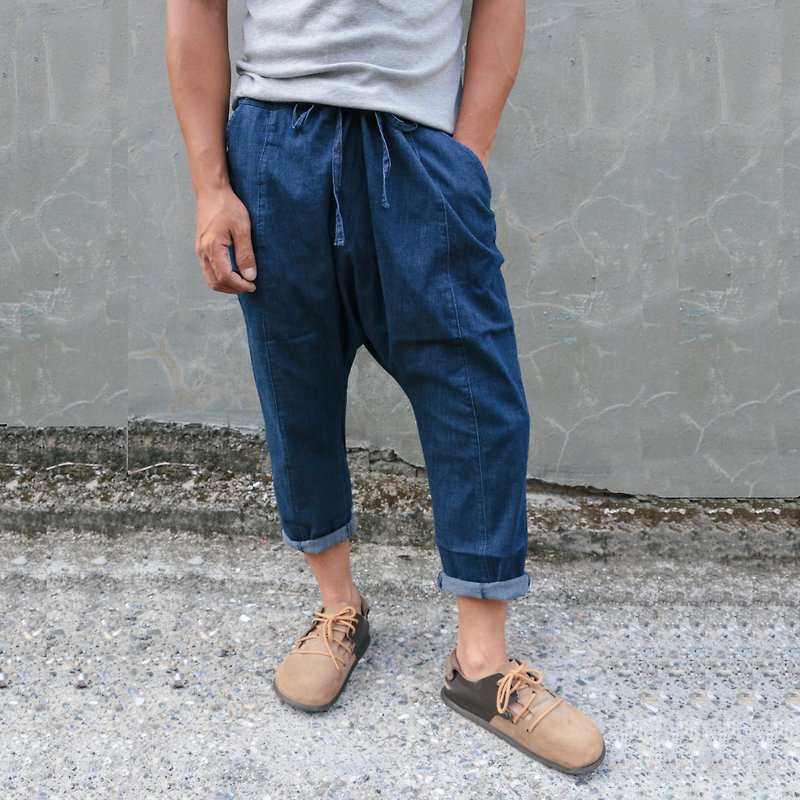 Denim Harem Pants Navy blue - กางเกงขายาว - ผ้าฝ้าย/ผ้าลินิน สีน้ำเงิน