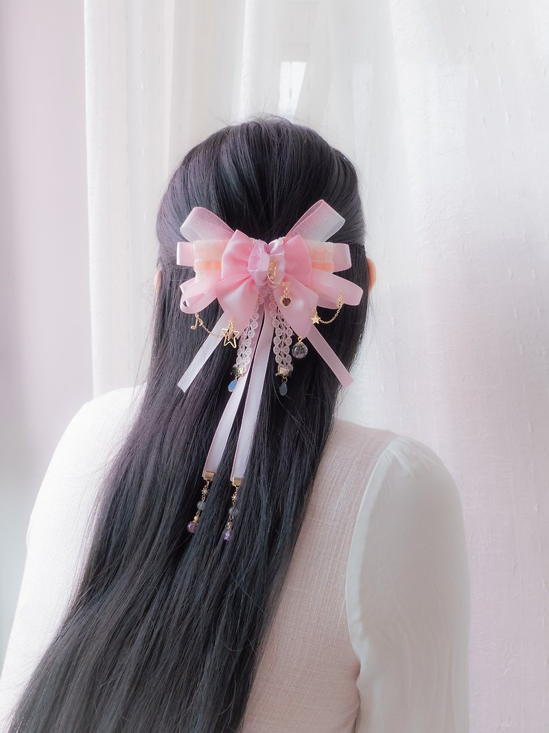 夢幻小天鵝多層粉紅蝴蝶結絲帶多用途頭夾 - 髮夾/髮飾 - 黏土 粉紅色