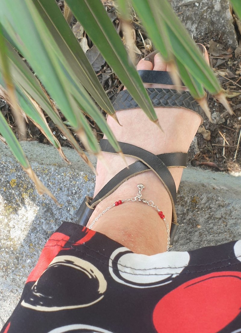 925 Silver Leg Bracelet, Red coral Anklet,Pisces Crystal, Sagittarius stone gift - 手鍊/手環 - 寶石 紅色