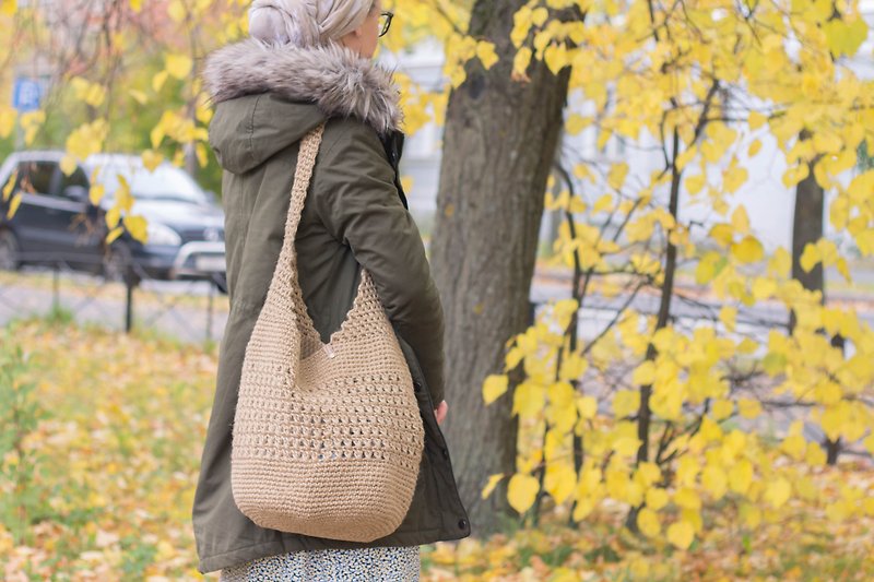Jute bag, Autumn bag, Everyday bag, Shoulder bag, Comfortable bag, Big bag - 手提包/手提袋 - 環保材質 咖啡色