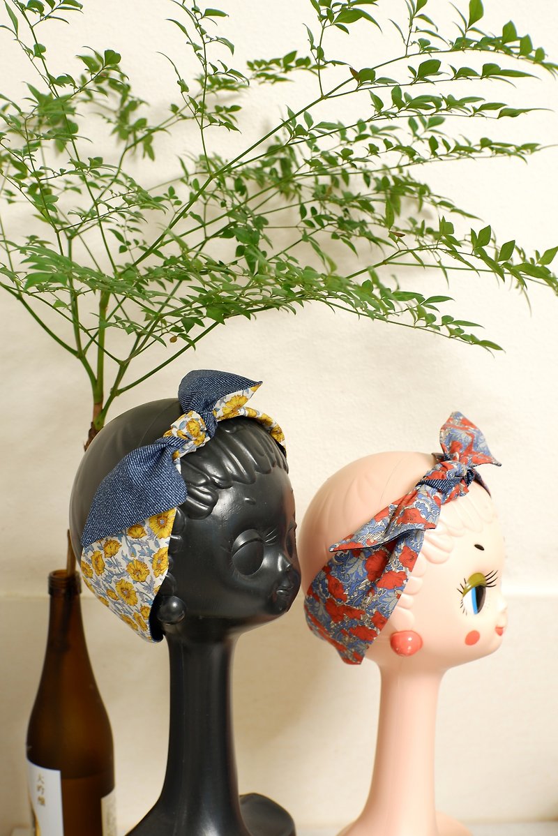 Adjustable elastic patchwork knotted headband の British Liberty fabric poppy bushes - Headbands - Cotton & Hemp Multicolor