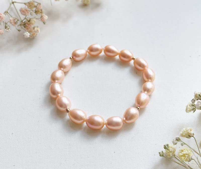 Natural freshwater pearl bracelet orange pink rice-shaped pearl gold beads Mother's Day gift bracelet - Bracelets - Pearl Pink