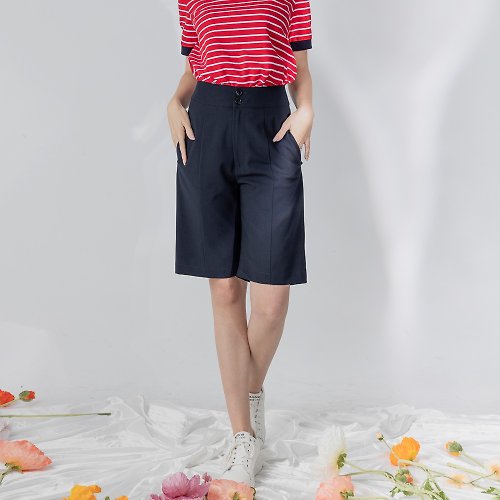 MEDUSA LADY 【MEDUSA】深藍中線直筒短褲 (M-XL) | 女短褲 休閒短褲 顯瘦短褲