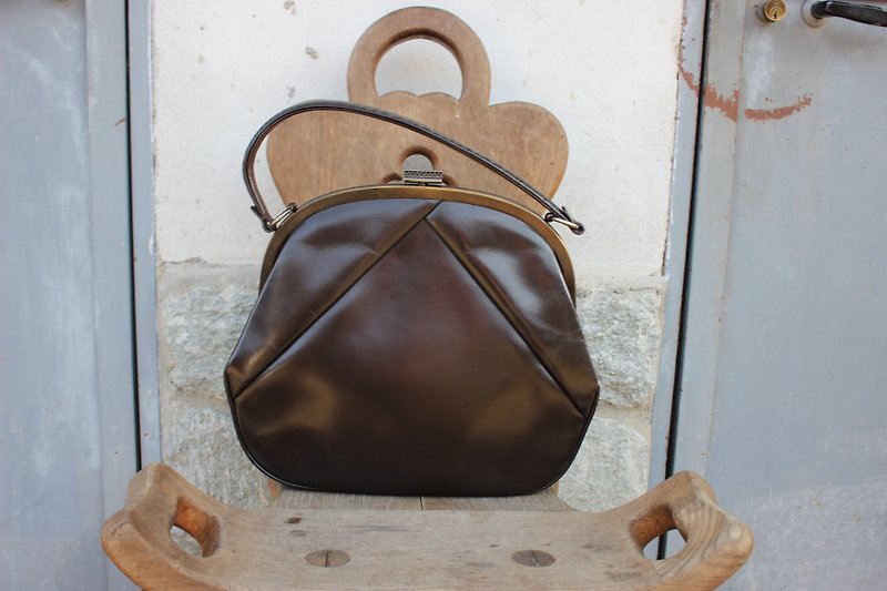 B150 [Vintage Bag] (Italian) Coffee Pleated Design Round Handbag - Handbags & Totes - Genuine Leather Brown