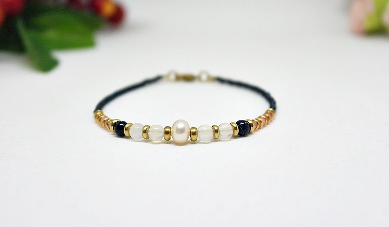Natural stone bracelet _ x brass button black sand blue dream # # # # # Rose Quartz Chalcedony # - Bracelets - Gemstone Black