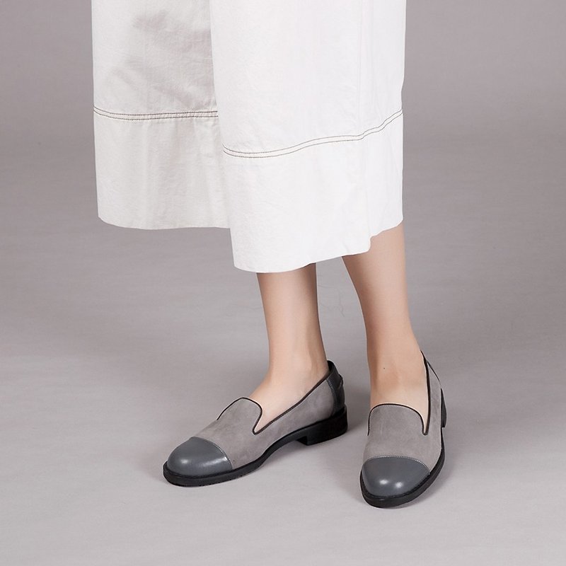 Zero Code-[Intermittent Maturity] Two-color frivolous leather loafers_cloth pattern velvet gray - รองเท้าอ็อกฟอร์ดผู้หญิง - หนังแท้ สีเทา