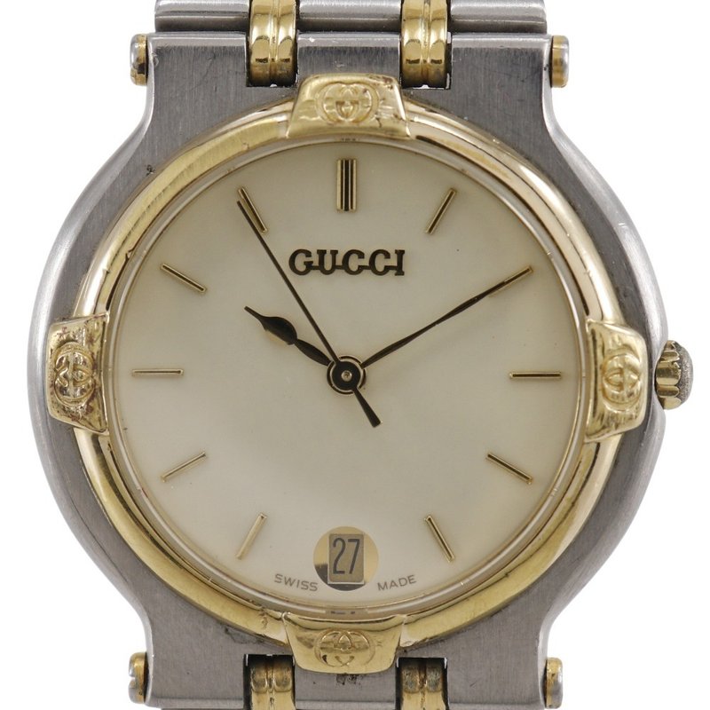 【日本直送】グッチ GUCCI デイト 腕時計 9000M SS × 金メッキ クオーツ アナログ表示 アイボリー文字盤 ボーイズ【中古】 - 女錶 - 不鏽鋼 銀色