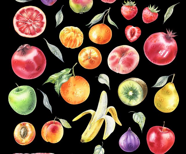 水彩イラスト–果物、農場の健康食品：リンゴ、レモン、ザクロ ショップ WatercolorKiss 似顔絵・イラスト・挿絵 Pinkoi